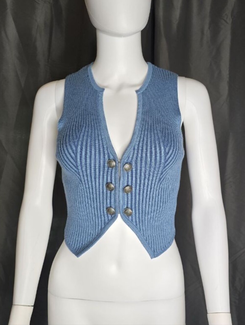 silence + noise Blue Ribbed Button-Front Knit Crop Vest
